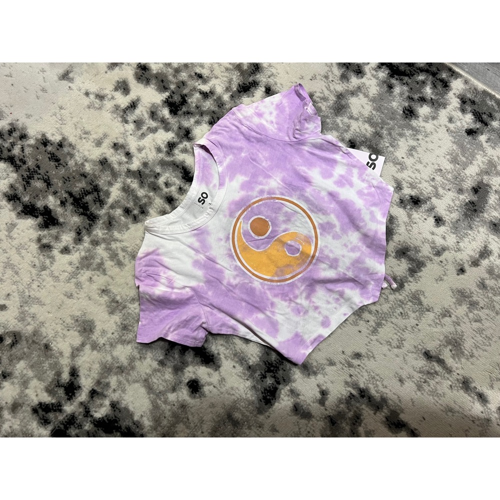 SO Purple Tie Dye Yin Yang Crop Top Back Cutout Short Sleeve‎ NWT Large Women's